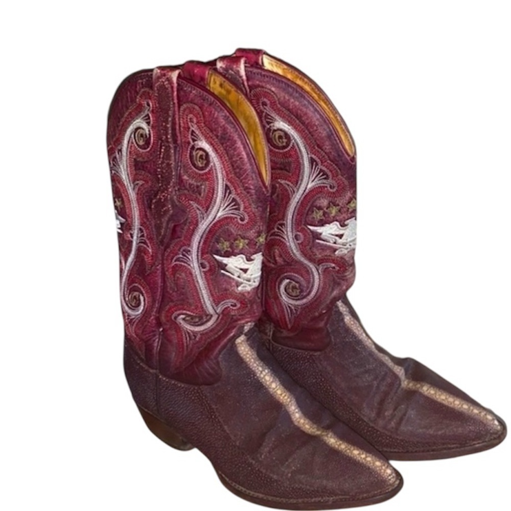 El General cowboy boots, men's 6 burgundy stingray fancy eagle stitching VTG GUC